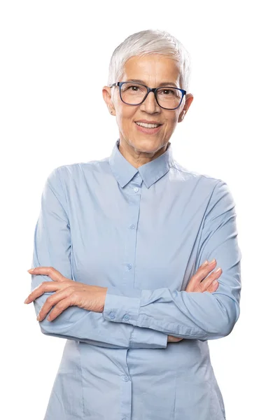 Businesswoman Expert Beautiful Smiling Cute Senior Woman Glasses Blue Shirt — Stock fotografie