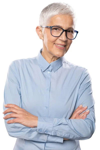 Beautiful Smiling Cute Senior Expert Businesswoman Glasses Blue Shirt Short — Stock fotografie