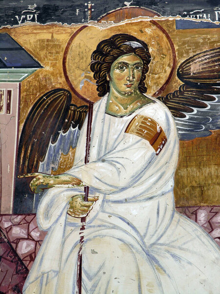 White Angel or Myrrhbearers on Christ 's Grave is world famous fresco from the Mileseva monastery around a 1230 AD in Serbia, it depicts an angel sitting in front of the tomb of Christ