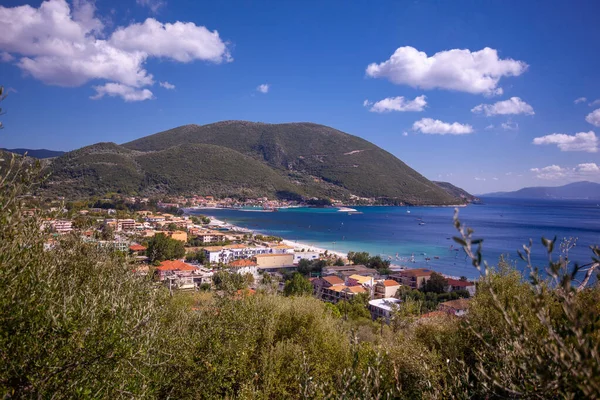 Panorama of Vasiliki beach on Lefkada island, Greece stock photo