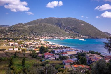 Panorama of Vasiliki beach on Lefkada island, Greece stock photo