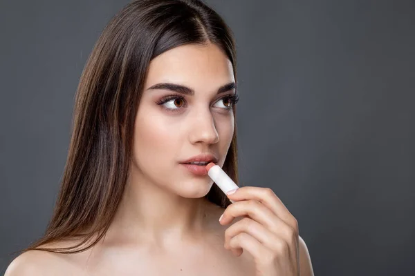 Young Gorgeous Beauty Woman Testing Applying Lipstick Lip Balm Skin — Zdjęcie stockowe