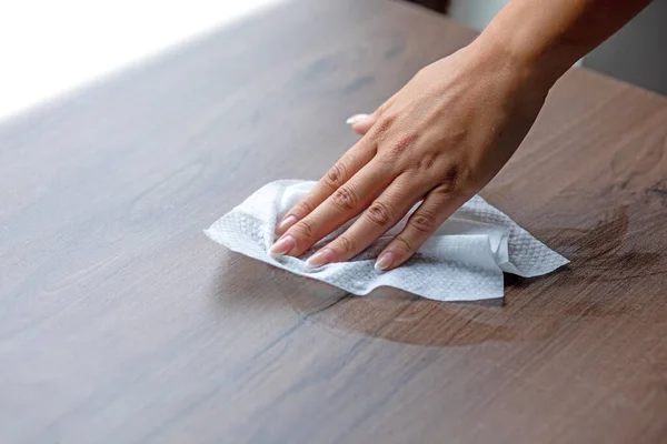 Woman Hand Cleaning Table Surface Home Office Wet Wipes — Stockfoto