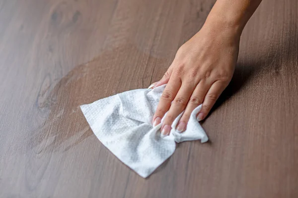 Woman Hand Cleaning Table Surface Home Office Wet Wipes — Stockfoto