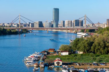 View to Belgrade City Center from Ada Bridge stock photo