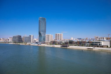 Skyscaper Belgrade Tower in Belgrade Watefront, modern residential area on the river bank of Sava river, City Center from Gazela Bridge