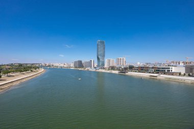 Skyscaper Belgrade Tower in Belgrade Watefront, modern residential area on the river bank of Sava river, City Center from Gazela Bridge