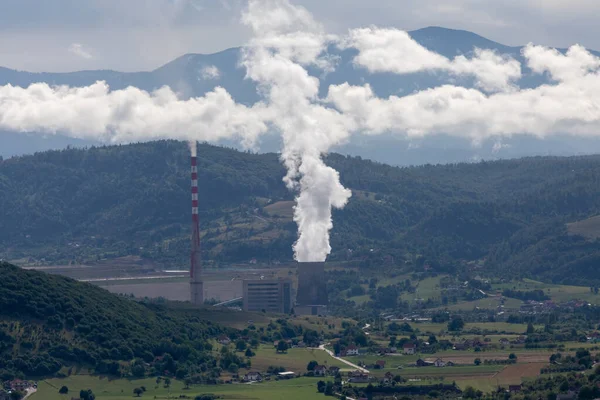 Bigest Thermoelectric Plant Pljevlja City Pljevlja Montenegro Big Chimneys Rural — Stockfoto