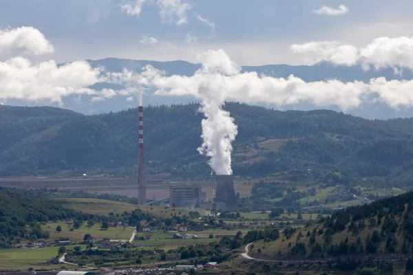 Bigest Thermoelectric Plant Pljevlja City Pljevlja Montenegro Big Chimneys Rural — Stockfoto