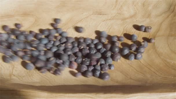 Collected Berries Juniper Fall Wooden Bowl Jupniperus Communis — Stock video