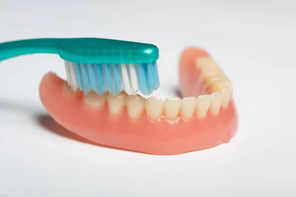Denture Toothbrush Dental Cleaning Instruction Cleaning Care Hygiene — ストック写真