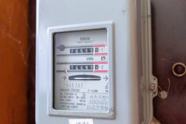 Valjevo, Serbia - August 24, 2021: Valjevo, SeElectric power meter measuring power usage. Watt hour electric meter measurement tool.