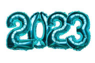2023 concept Happy New Year from blue silver foil balloons aranged tight on white background