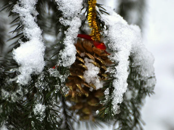 Pinheiro dourado no pinheiro de neve três — Fotografia de Stock