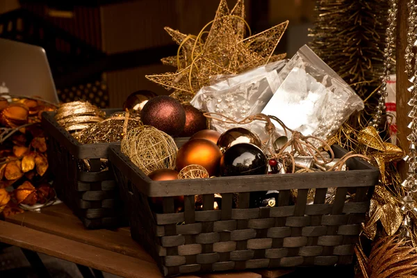 Christmas glass balls in the basket — Stock Photo, Image