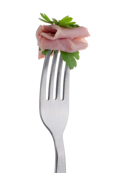 Rebanada de jamón ensartada en un tenedor — Foto de Stock