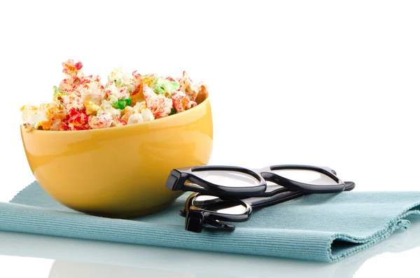 Bowl of popcorn and 3D movie glasses — Stock Photo, Image