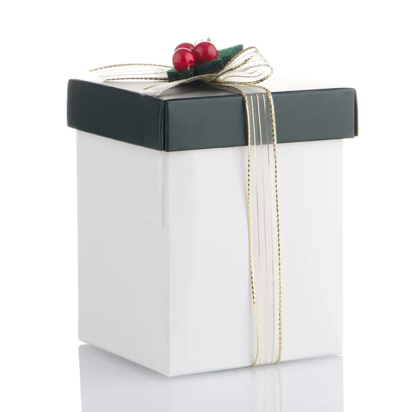 White and green box with gold bow — Stock Photo, Image