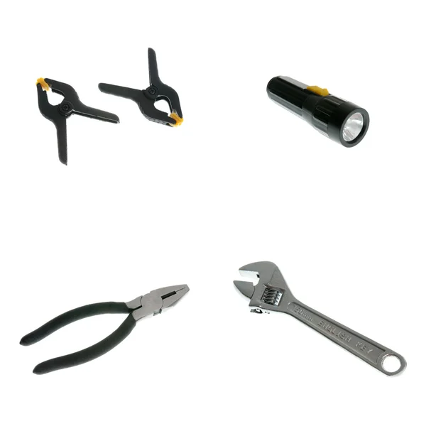 Lantern, plier, english key and clamps — Stock Photo, Image