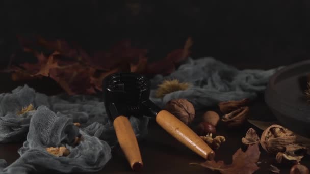 Frutas Secas Outono Mesa Com Uma Ferramenta Biscoito Noz Uma — Vídeo de Stock
