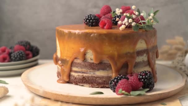 ブラックベリーとラズベリーのおいしいキャラメルケーキ — ストック動画