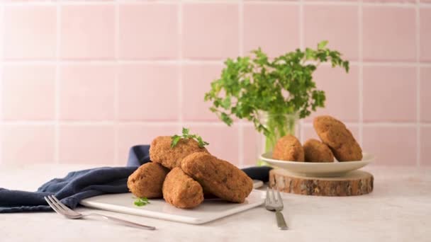 Cod Dumplings Bolinhos Bacalhau Parsley Leaves White Ceramic Dishes Kitchen — Αρχείο Βίντεο