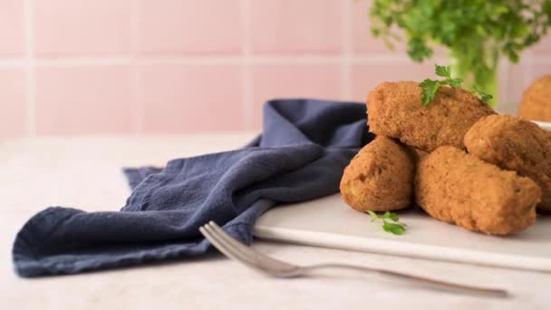Cod Dumplings Bolinhos Bacalhau Parsley Leaves White Ceramic Dishes Kitchen — Stockvideo