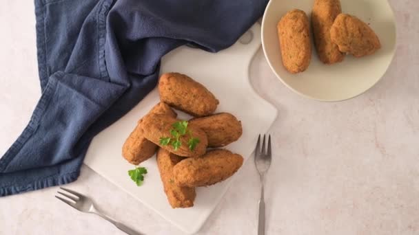 Cod Dumplings Bolinhos Bacalhau Parsley Leaves White Ceramic Dishes Kitchen — стоковое видео