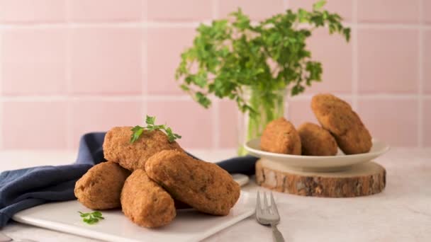 Cod Dumplings Bolinhos Bacalhau Parsley Leaves White Ceramic Dishes Kitchen — Αρχείο Βίντεο