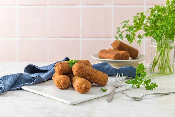 Meat Croquets Parsley Leaves White Ceramic Dishes Kitchen Counter Top — Stockfoto