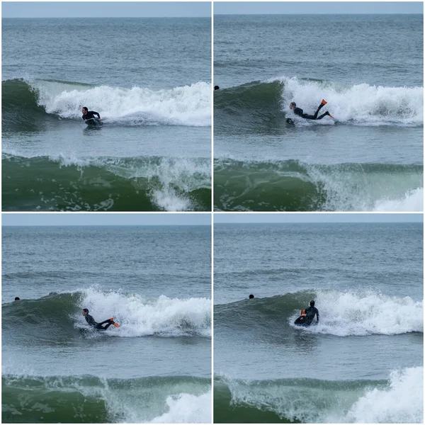Bodyboarder Wykonuje Sztuczkę Rurką Surfując Oceanie Falując Falą Oceaniczną Pochmurny — Zdjęcie stockowe