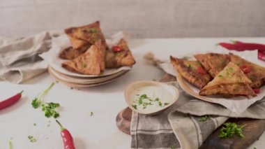 Hint samosaları - kızarmış ya da fırında hamur tatlısı ve baharatlı mutfak tezgahında areca yaprağı tabağında servis edilen lezzetli Hint yemekleri..