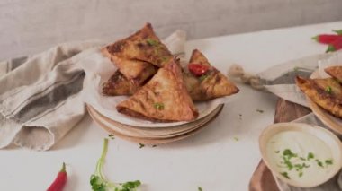 Hint samosaları - kızarmış ya da fırında hamur tatlısı ve baharatlı mutfak tezgahında areca yaprağı tabağında servis edilen lezzetli Hint yemekleri..