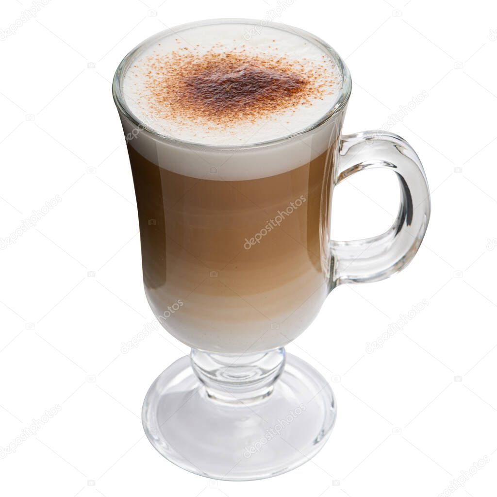 Glass cup mix latte coffee foam, white background