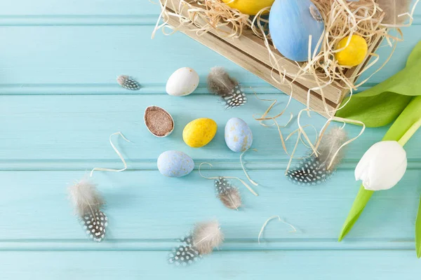 Easter Background Blue White Eggs Wooden Box White Tulips Top — Stock Photo, Image