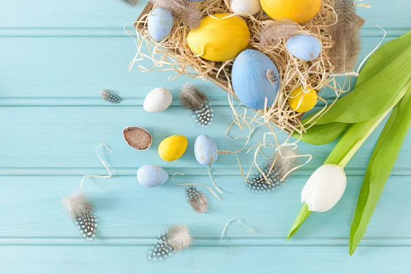 Easter Background Blue White Eggs Wooden Box White Tulips Top — Stock Photo, Image