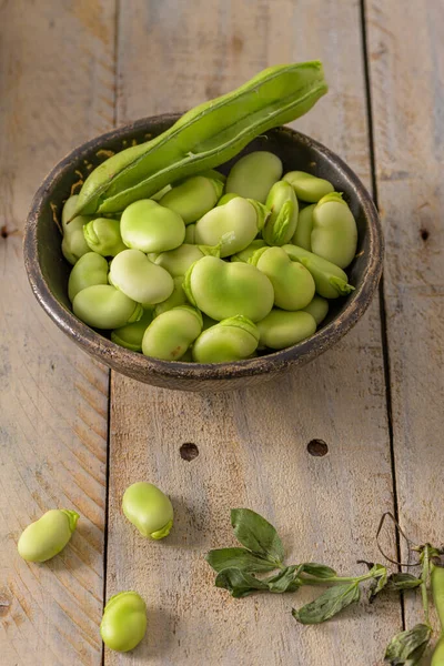 Fresh Raw Green Broad Beans Wooden Table — Stock Photo, Image