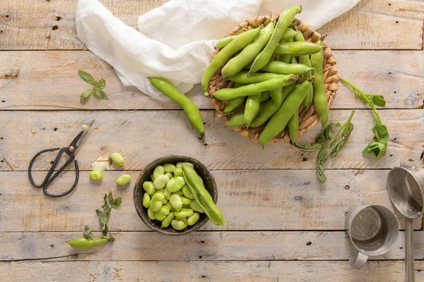 Fresh Raw Green Broad Beans Wooden Table — Stockfoto
