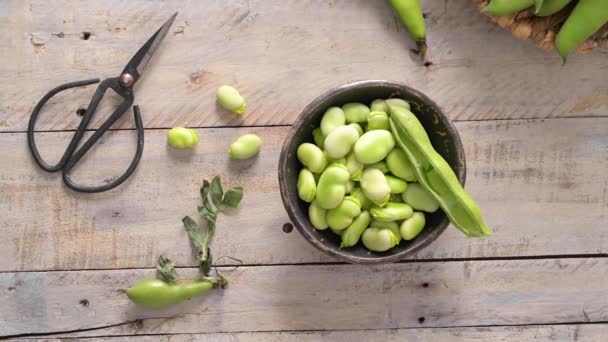 Fresh Raw Green Broad Beans Wooden Table — Vídeo de Stock