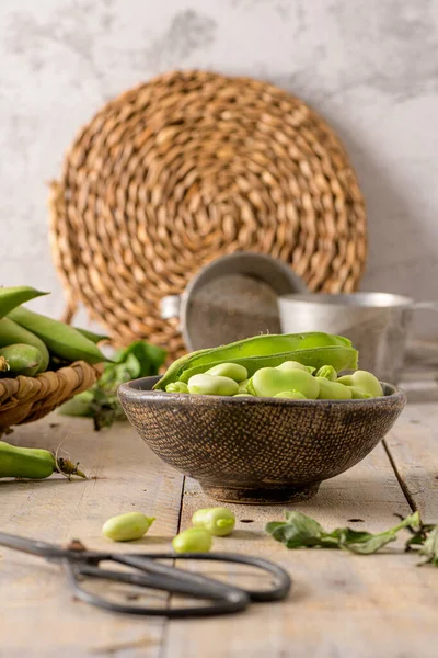 Fresh Raw Green Broad Beans Wooden Table — Stockfoto