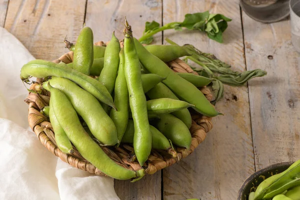 Fresh Raw Green Broad Beans Wooden Table — Stockfoto