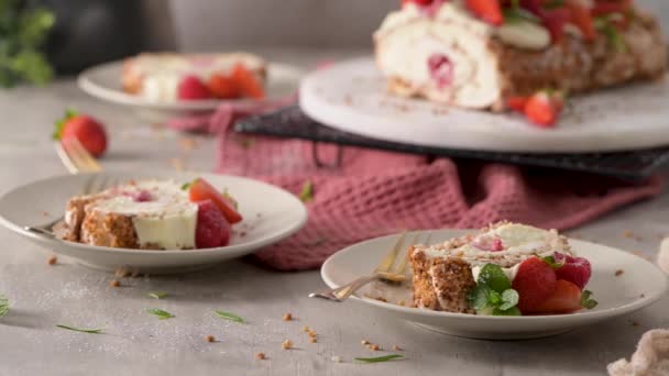 Meringue Roll Cake Cream Raspberries Roulade Summer Dessert Served Ceramic — Wideo stockowe