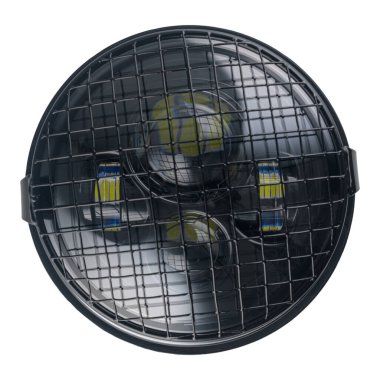 Yakın plan motosiklet farları beyaz arka planda izole edilmiş..