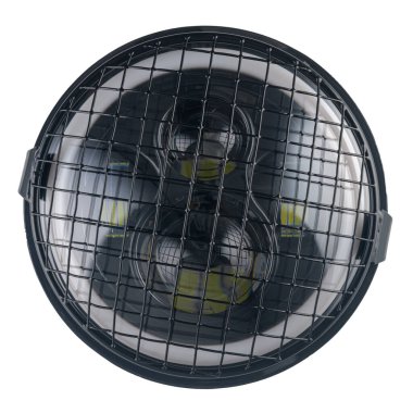 Yakın plan motosiklet farları beyaz arka planda izole edilmiş..