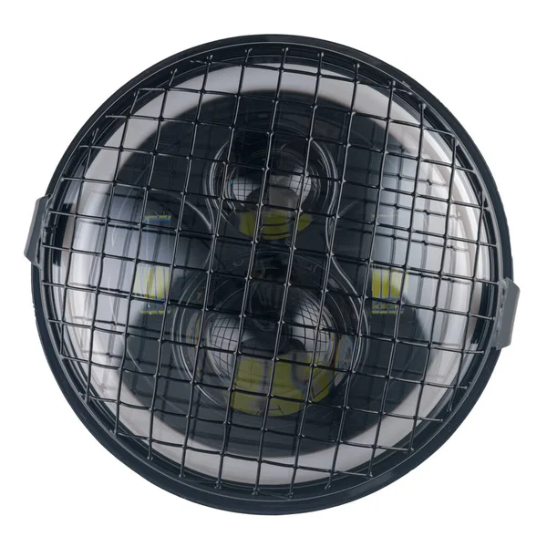 Yakın plan motosiklet farları beyaz arka planda izole edilmiş..