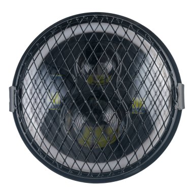 Yakın plan motosiklet farları beyaz arka planda izole edilmiş..