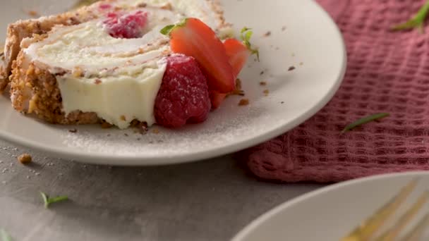 Meringue Roll Cake Cream Raspberries Roulade Summer Dessert Served Ceramic — Stock video