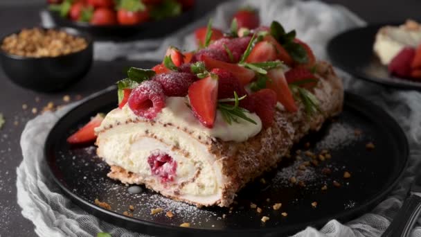 Meringue Roll Cake Cream Raspberries Roulade Summer Dessert Served Ceramic — Video Stock