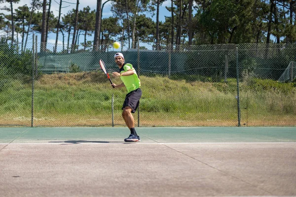 Tennis Player Hitting Forehand Ball Racket Court — Stock Photo, Image