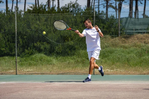 Tennis Player Hitting Forehand Ball Racket Court — Stock Photo, Image